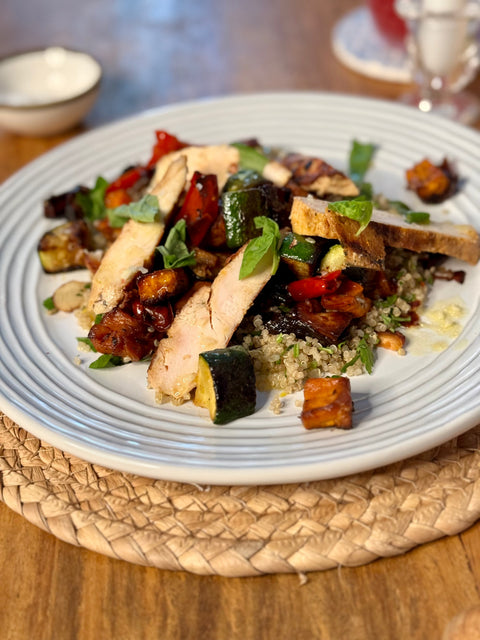 Heirloom Chicken & Roasted Vegetable Salad with Sweet Potato, Zucchini, Peppers & Red Onion