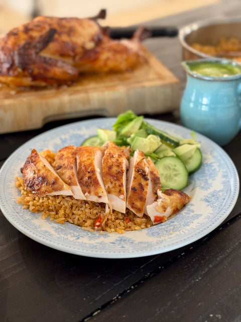 Roast Chicken with Spanish Rice and a Spicy Jalapeño salad